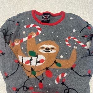 Well Worn Gray Sweater with Festive Sloth Design
